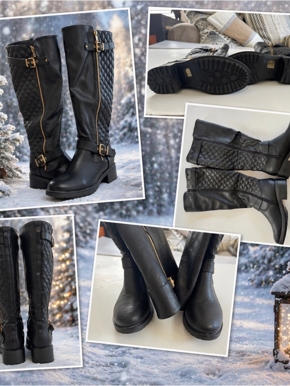 Dream Paris Quilted Over-The-Knee Riding Boots with Gold Buckle Detail - Black